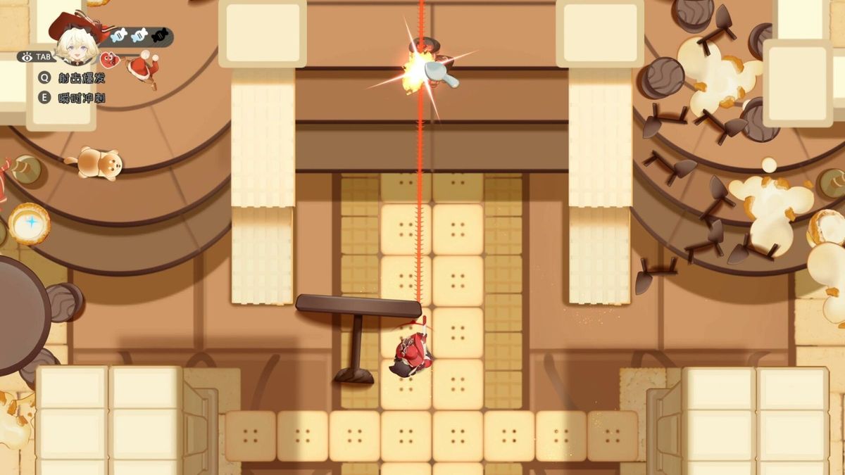 主角释放大招瞬间，裙装展开，能量波呈环形扩散，背景为甜点风格城堡