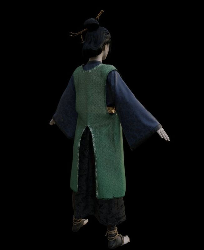 四妹全身模型展示，身姿婀娜，服饰层次分明，背景为简单线框场景