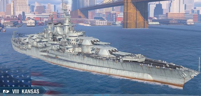 战斗场景截图，堪萨斯主炮齐射，炮火照亮海面，弹道轨迹清晰