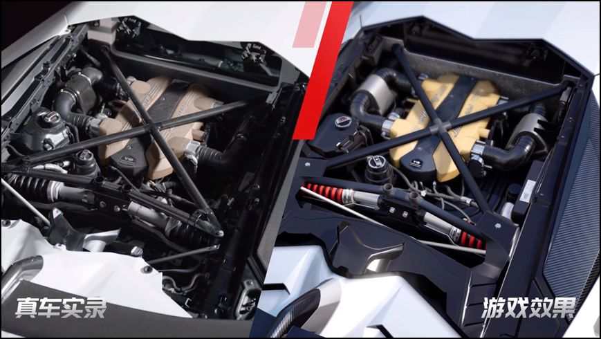 游戏内兰博基尼细节特写，仪表盘、缝线、材质纹理清晰可见