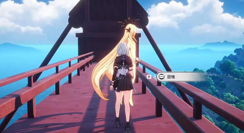 玩家角色正在攀爬悬索桥的电缆，脚下是深渊，背景为晨曦中的城市轮廓