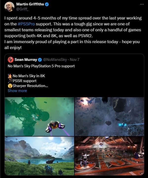 Martin Griffiths工作照或开发者日志截图，背景显示代码界面与《无人深空》渲染画面