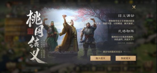 游戏内‘桃园五结义’系统界面展示，五名玩家角色并肩站立，背景为古风结义坛，界面显示结义等级与解锁功能