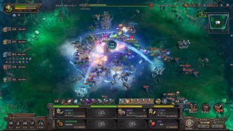 游戏后期战斗画面，屏幕布满技能特效，怪物如潮水般涌来，战斗激烈