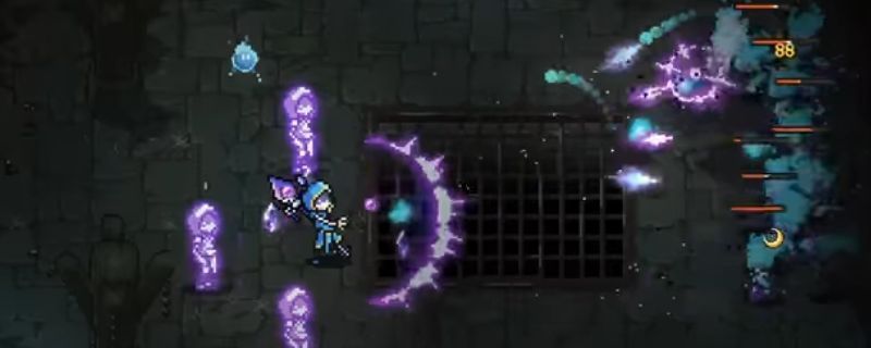 The Slormancer游戏中投射物击中敌人后分裂成两个继续飞行的技能特效示意图，展现散射机制的视觉表现