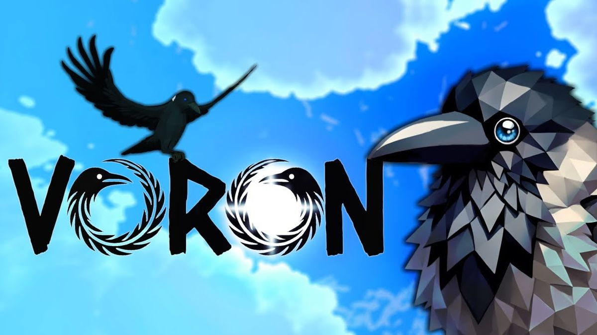 《VORON》游戏主视觉图，一只年轻的乌鸦展翅飞翔于云雾缭绕的神秘岛屿之上，光影柔和，氛围宁静