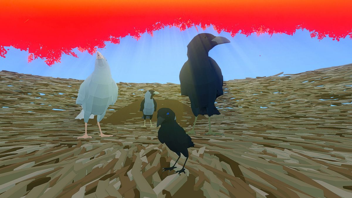 游戏场景截图，乌鸦站在一座破败的石桥上，周围是藤蔓缠绕的古代建筑和漂浮的光点