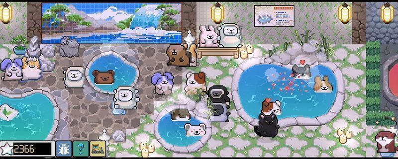 《线条小狗：动物温泉》游戏界面截图，展示多种可爱动物角色围坐在温泉旁，氛围温馨治愈