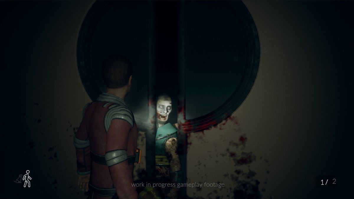 游戏内场景截图，主角手持照明设备行走在幽暗的冰下通道中，墙壁结满寒霜，远处有模糊的机械轮廓