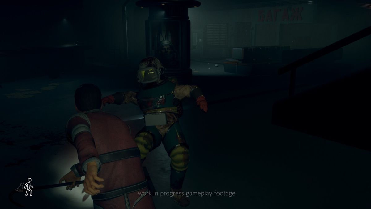 第一人称视角下，主角透过面罩观察冰层内部的奇异生物痕迹，蓝色荧光脉络遍布岩壁