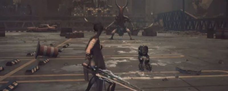 《剑星》中BOSS亚巴顿的战斗场景，巨大漆黑的身躯矗立在废墟之上，周围电光闪烁，主角持剑与其对峙