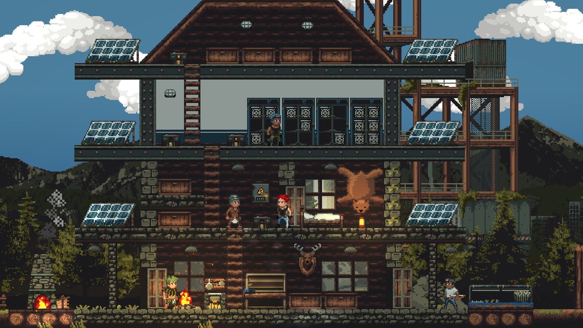 玩家在荒岛上搭建木屋、设置陷阱，并在远处与敌对玩家展开枪战的场景