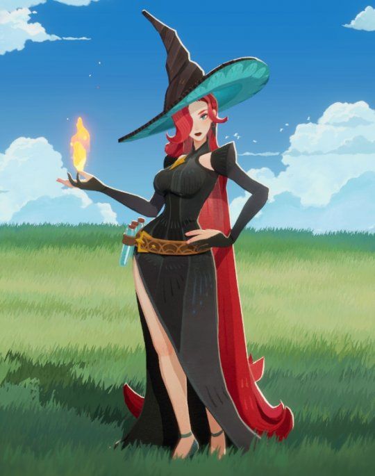 灰烬魔女米瑞尔的角色立绘特写，火焰与灰烬交织，眼神冷艳坚定