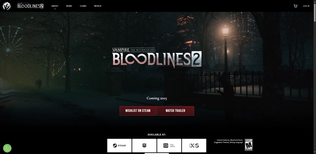 Paradox官网页面截图，展示《吸血鬼：避世血族2》的游戏介绍与背景设定，界面简洁专业