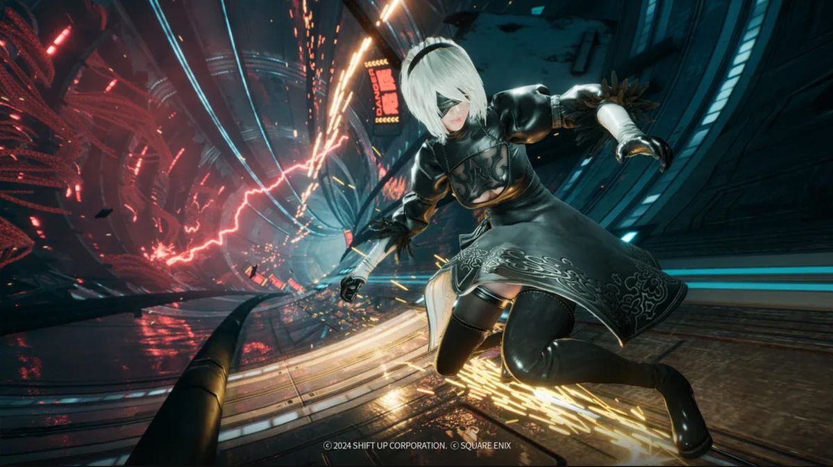 《星刃》与《尼尔：机械纪元》联动宣传图，艾米尔站在 futuristic 场景中，背景融合两作标志性元素