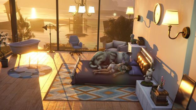 玩家角色坐在营地篝火旁与红龙布偶互动，画面温馨，光影柔和，展现角色与异常物之间的情感联系