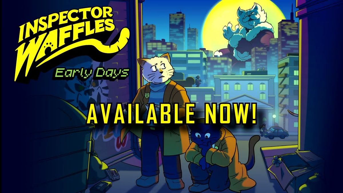 《华夫探长 初出茅庐》游戏主视觉图，一只戴帽子的猫咪侦探站在警局门前，背景为复古像素城市街景