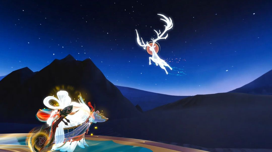 九色仙鹿驮着飞天舞姬升空，身后留下流光轨迹，蛋仔小鹿在空中追逐飞舞