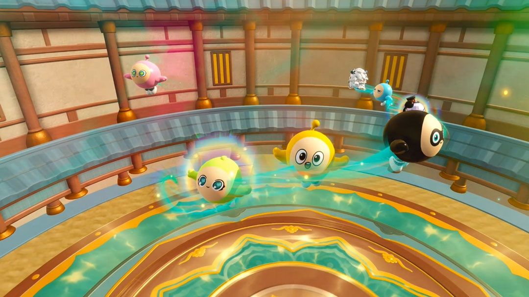 蛋仔与飞天舞姬在空中共舞，周围环绕着古典诗词文字与星光特效