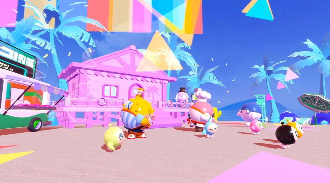 蛋仔在沙滩舞台上跳爵士舞，背景是夕阳与冲浪板，章鱼和咸鱼也在欢快摇摆