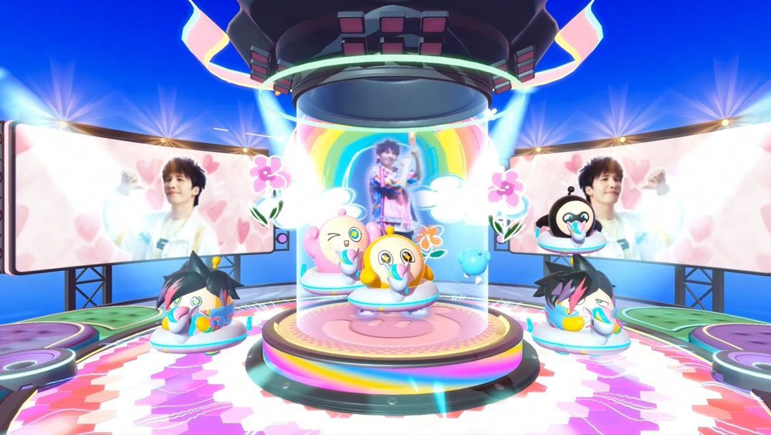 蛋仔们在演唱会现场挥舞荧光棒，身穿彩虹装备跳跃欢呼，气氛热烈