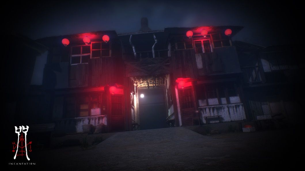 玩家角色在昏暗村落中前行，背景可见破败民宅与悬挂的红色布条，气氛阴森