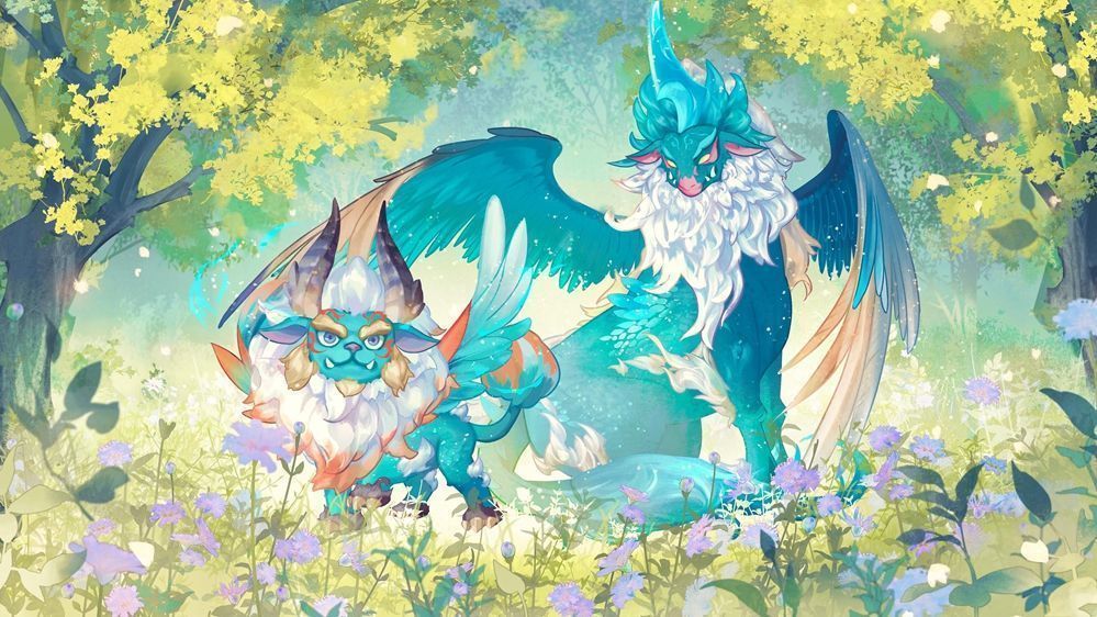 《天下》手游召唤兽战斗画面，白泽与鲲在战场上释放辅助技能，为主人提供增益效果