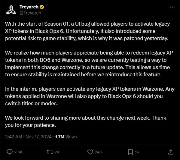 游戏内UI界面截图，显示XP代币激活选项，背景为黑色行动6标志性暗色调菜单设计