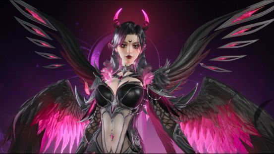 深渊堕歌角色展示，身披黑色战甲，展开漆黑羽翼，眼神锐利，背景为暗夜与极光交织，充满反叛与力量感