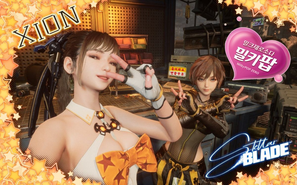 《星刃》角色伊芙与百合在照相模式中微笑比耶，背景为未来都市光影，氛围轻松温馨