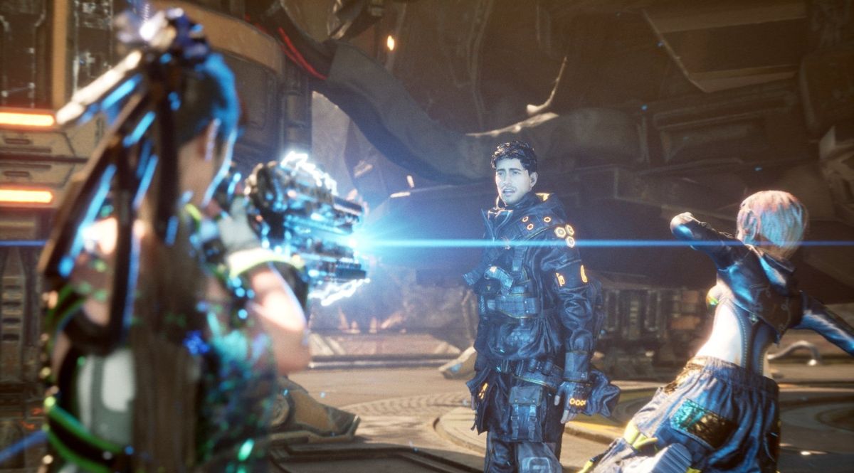 伊芙与百合并肩作战的双人战斗画面，激光武器交火激烈，背景为崩塌的空中基地