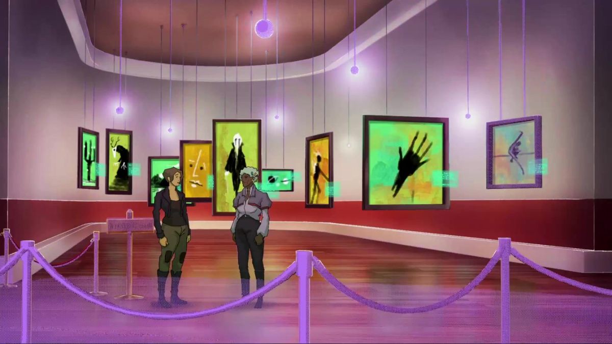 Fia Quinn站在时间机器前准备穿越，背景闪烁着不同时代的光影片段