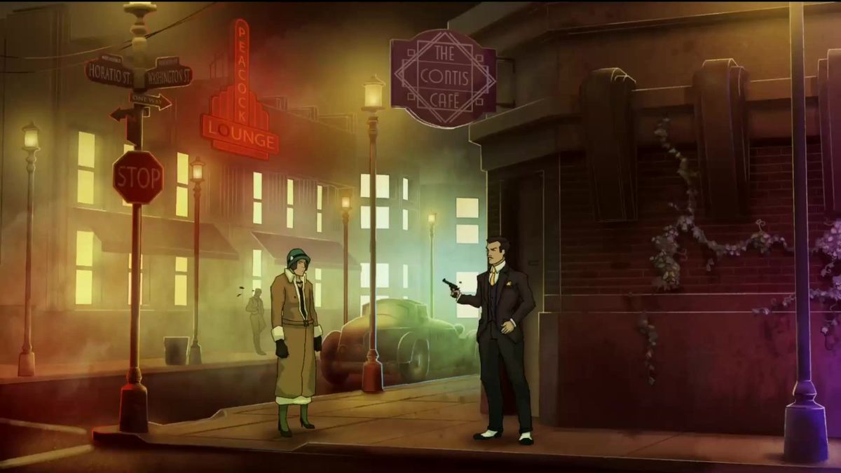 Fia Quinn手持时间装置，神情凝重地望向远方的城市天际线