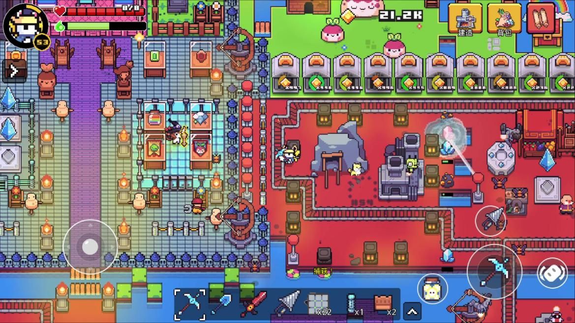 游戏中玩家建造的自动化农场场景，传送带运输作物，熔炉持续冶炼矿石