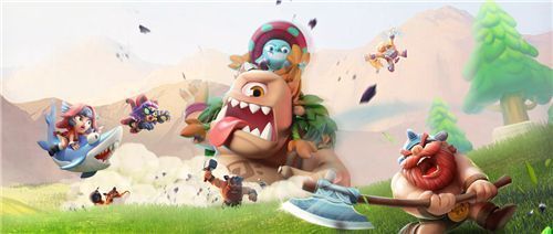 游戏角色群像展示，包括大胡子酋长、戴头骨的战士、拿炸弹的小野人等，风格统一且极具喜剧感