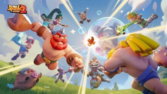 宣传海报风格图片，主角巴巴六挥舞武器，背景是多个角色混战的热闹场面，整体风格欢乐夸张