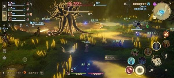 守财夫人身旁散落多个紫色发光果实，地面上有蓝色咏唱条，团队成员正集中攻击其中一个