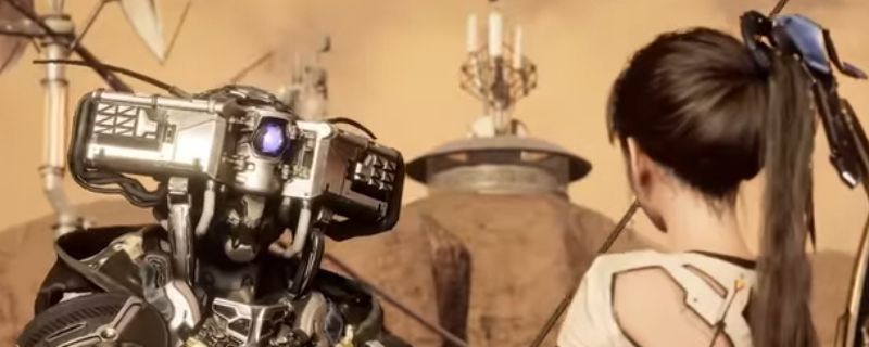 《剑星》游戏中角色站在营地设施旁准备互动的场景，背景为荒凉废土风格环境