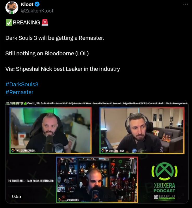 FromSoftware开发中的《黑暗之魂3复刻版》概念渲染图，展示角色在废墟中与巨型Boss对峙的场景