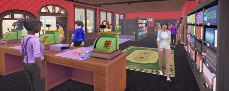 《书店模拟器》游戏画面展示，一间温馨明亮的虚拟书店内，书架整齐排列，阳光透过窗户洒在木地板上，角色正在整理书籍