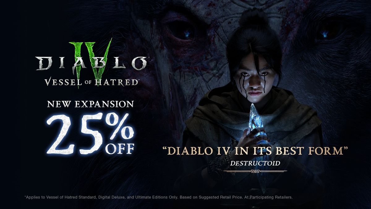 《暗黑破坏神4：憎恨之躯》促销宣传图，展示角色与地狱风格背景，火焰与符文环绕