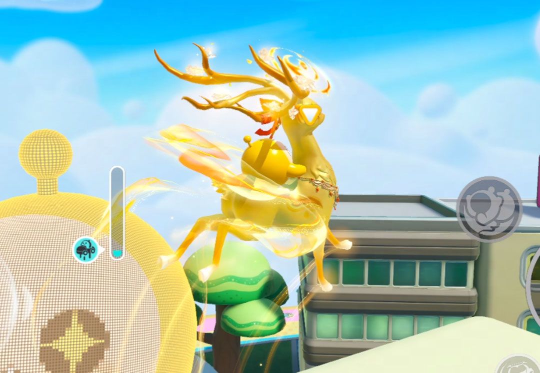 金色双人鹿车行驶在夜景中，身后拖曳彩虹光效，彰显奢华感