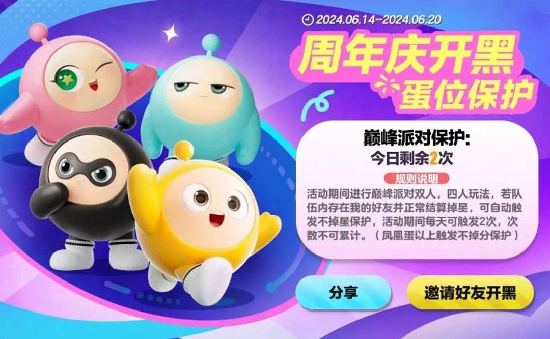 巅峰派对界面截图，显示‘不掉星保护已激活’提示