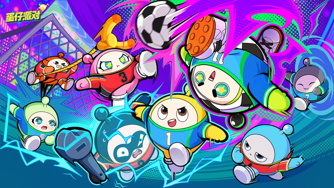 蛋仔在足球场上使用技能冲刺，脚下带火光特效，对手被击飞