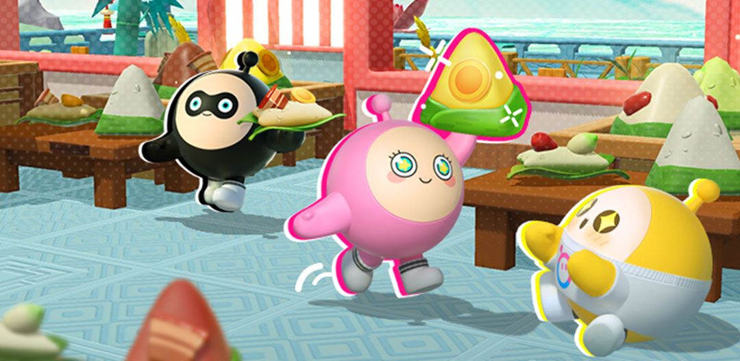 蛋仔们在厨房忙碌制作食物，顾客是张着大嘴的卡通鱼