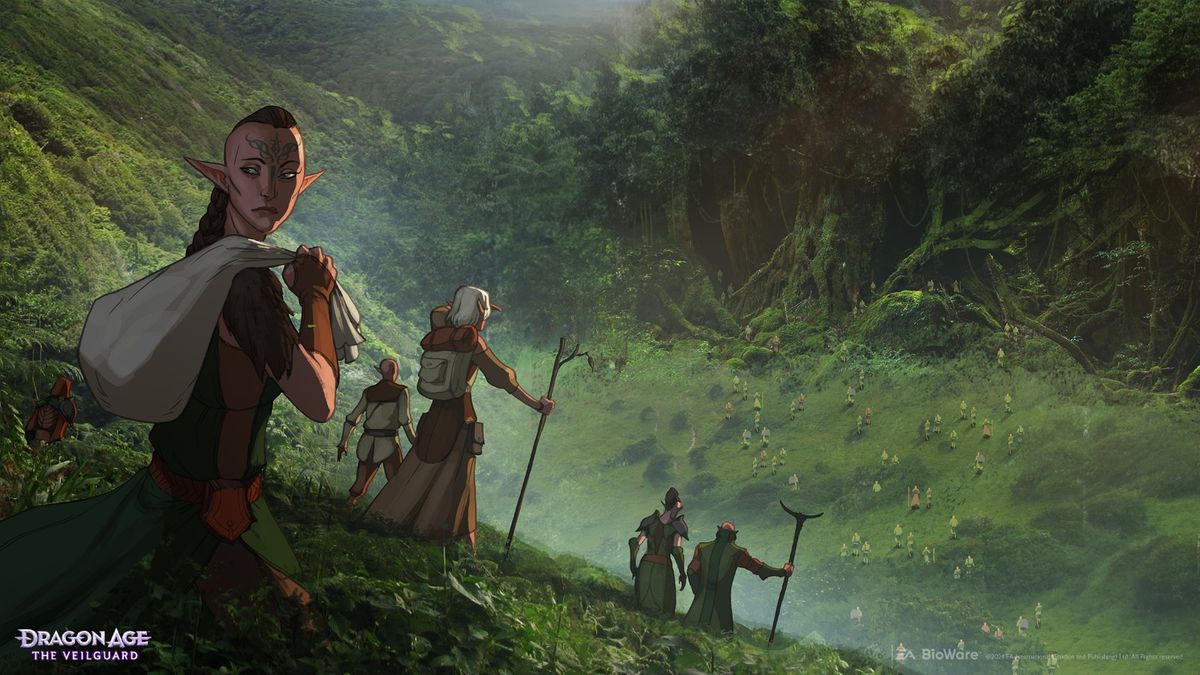 戴利什精灵在森林中庇护索拉斯的场景，气氛肃穆而紧张