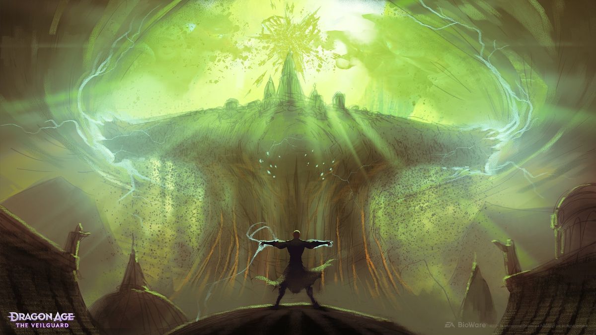 城市废墟中的探索者，周围漂浮着古老符文，充满魔法气息