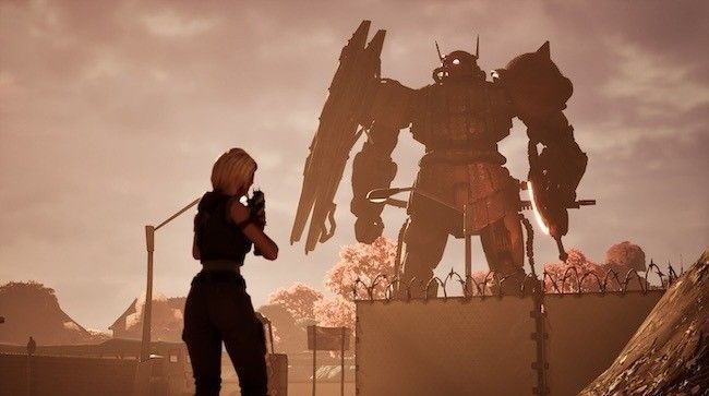 玩家角色在机库中选择机体，界面显示高达自定义选项