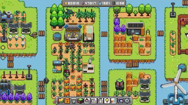 玩家自定义建造的岛屿一角，包含动物围栏、仓库和机器人充电站