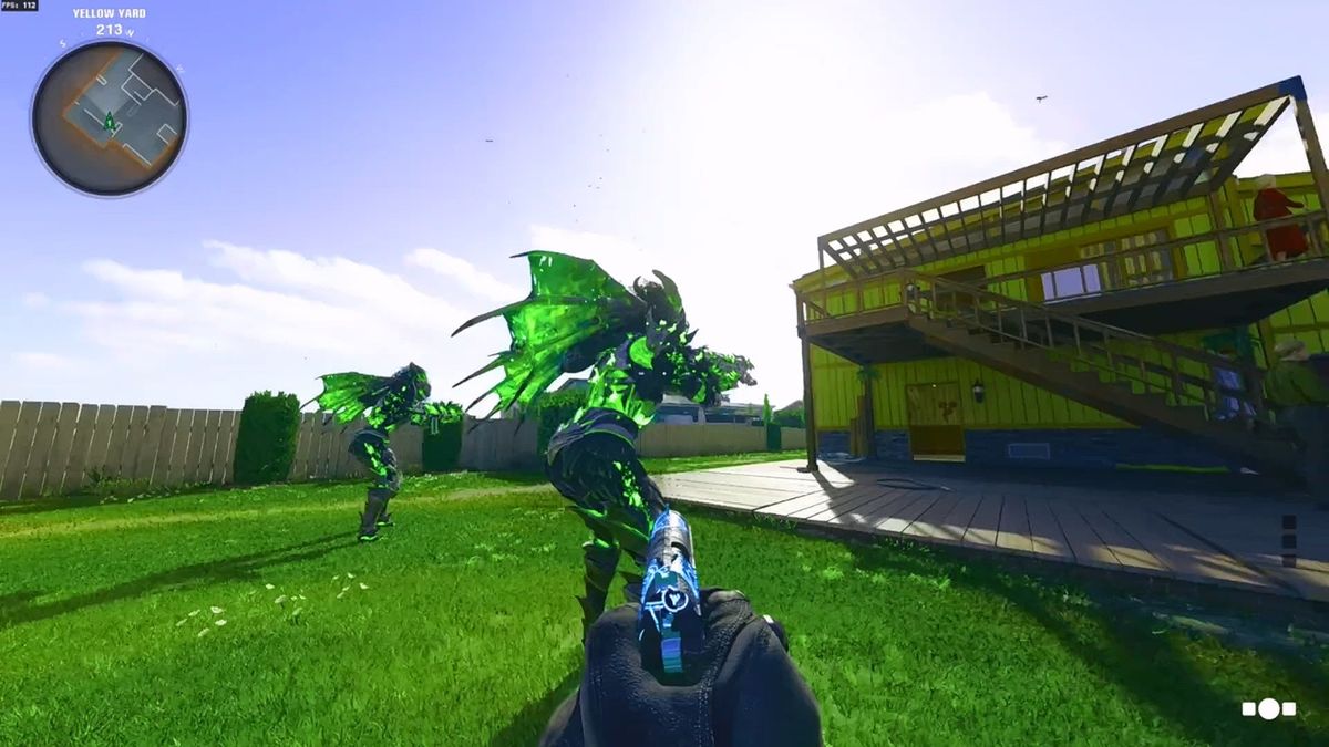 多人模式中多名玩家使用不同稀有皮肤对战，画面充满五彩粒子特效